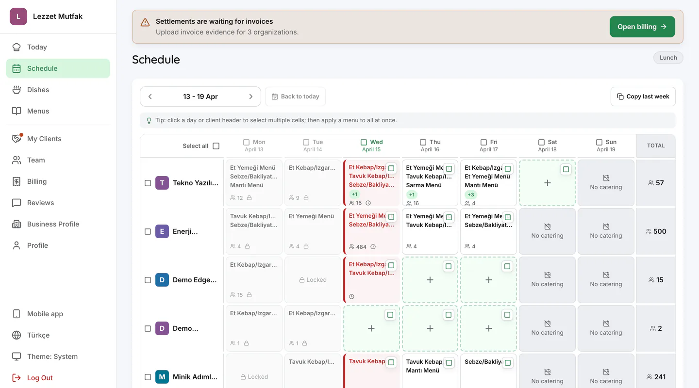 Weekly customer menu schedule in the iştebu! caterer dashboard