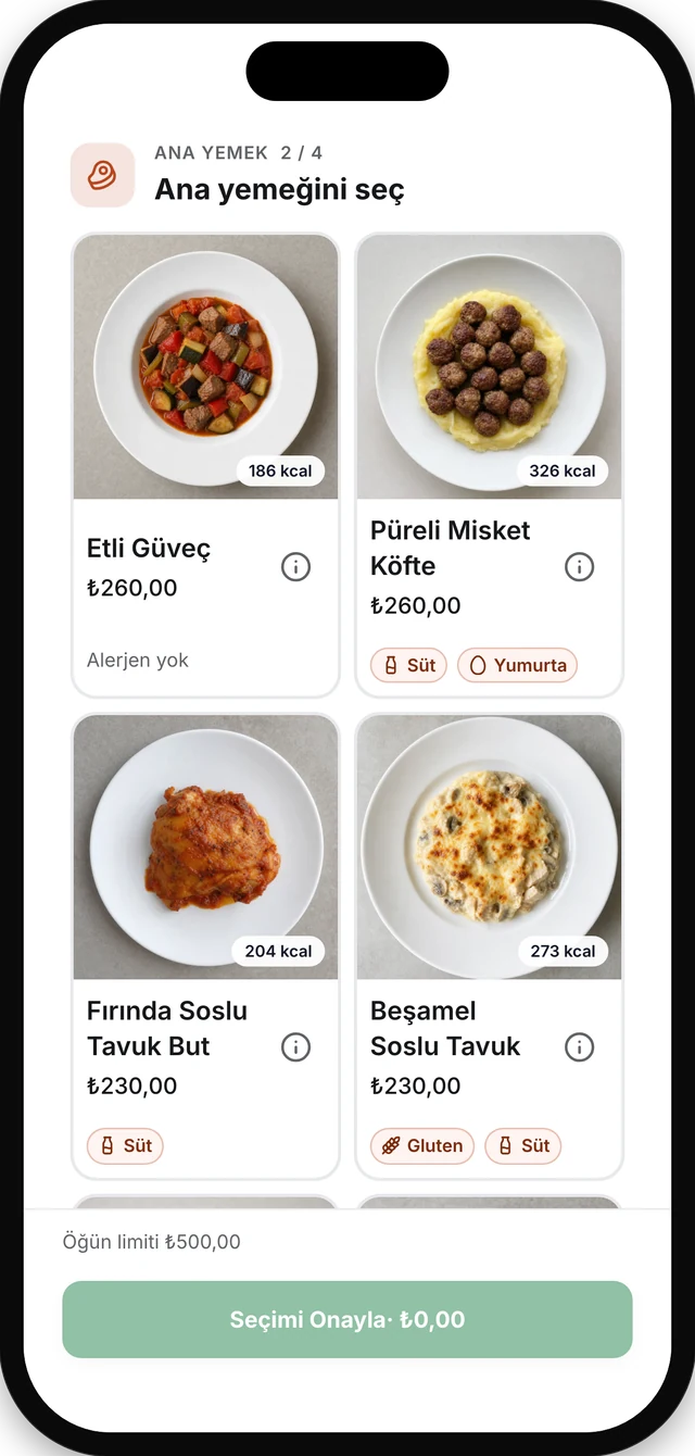 Çalışan menü seçim ekranı