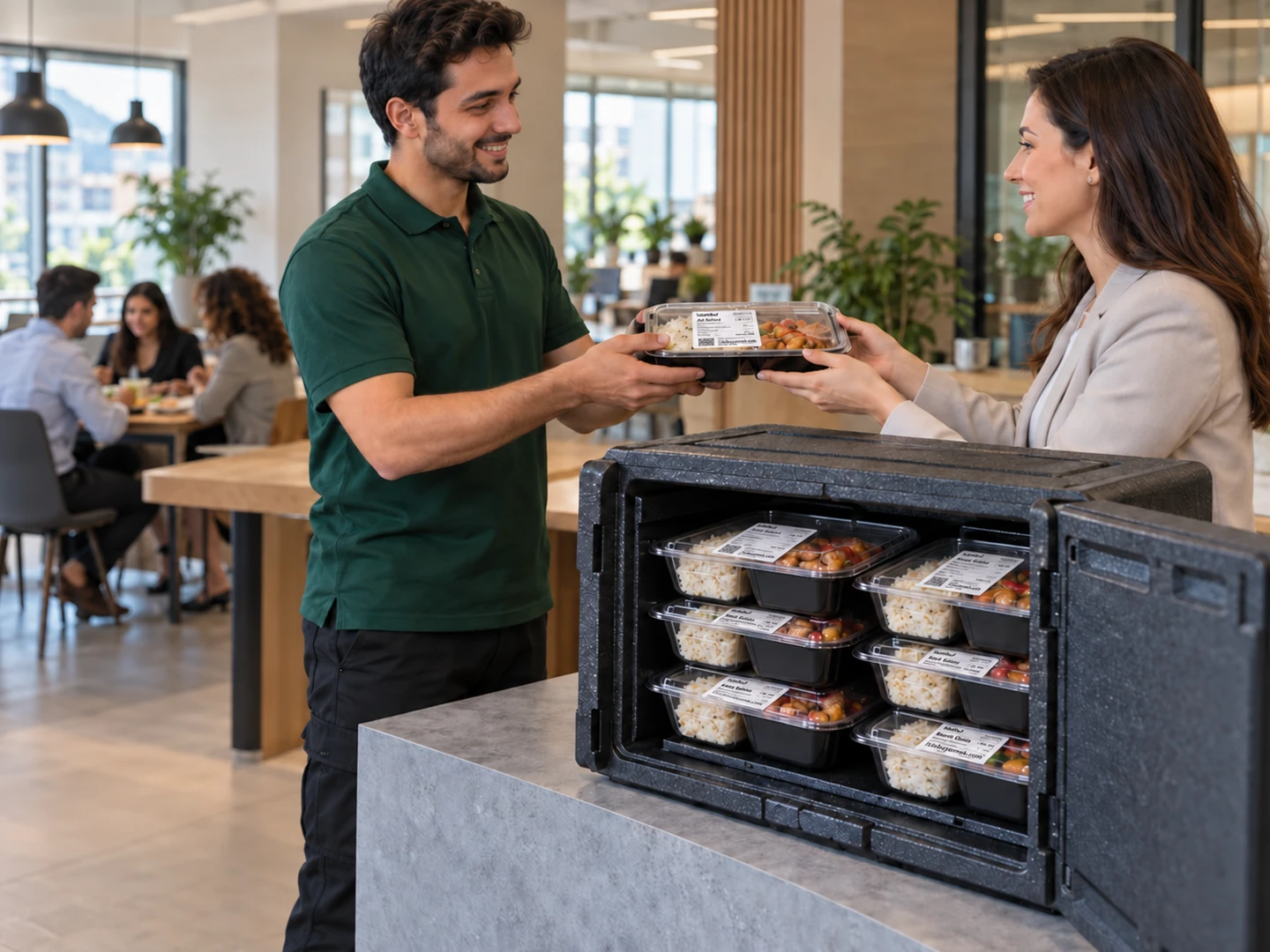 İşyerinde teslim alınan, siyah tabanlı şeffaf kapaklı yemek kapları ve açık Thermobox