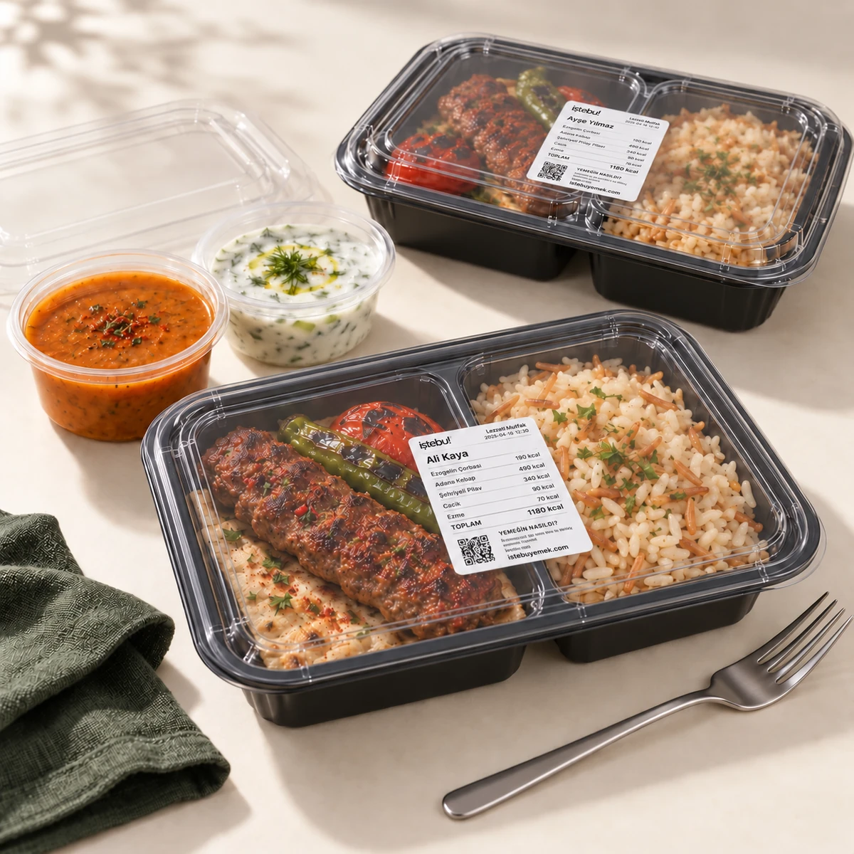 Kebap ve pilav içeren iki bölmeli yemek kabı, çorba, cacık ve Ali Kaya adına etiketlenmiş paket